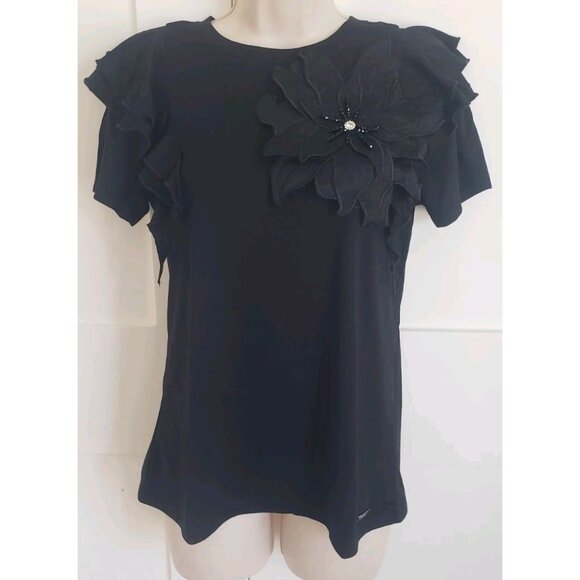 NWT BADGLEY MISCHKA BLACK BLOUSE FLOWER STONES DETAILS RUFFLE ACCENT TOP SMALL - Picture 2 of 9